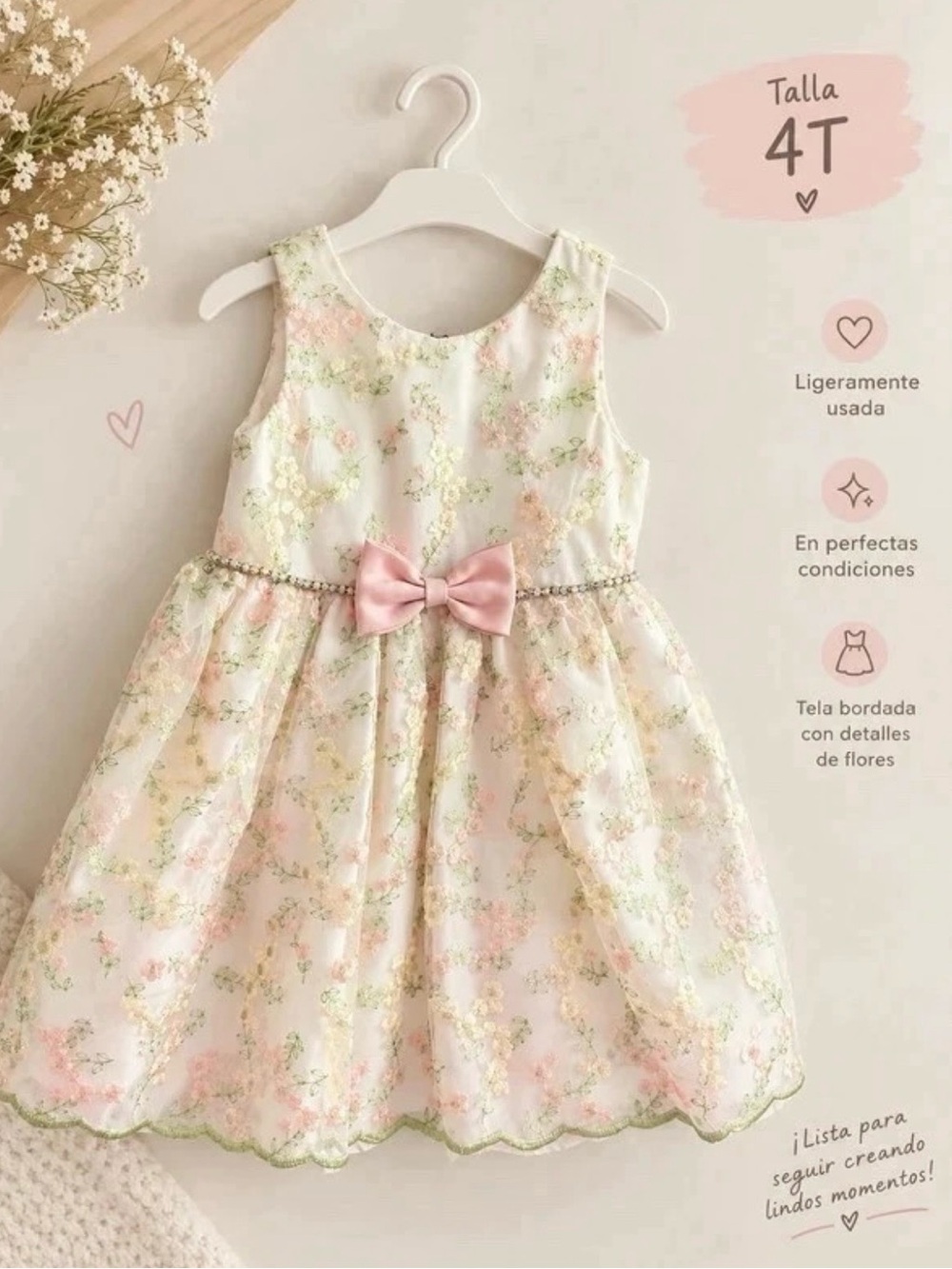 American Princess Cream and Pink Floral Embroidered Bow Dress